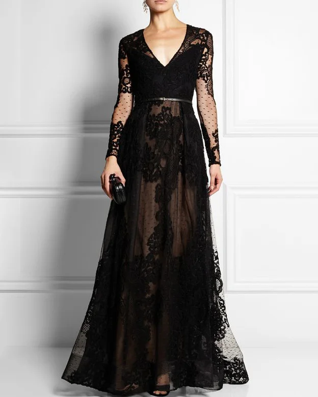 Black V-Neck Cutout Lace maxi Dress