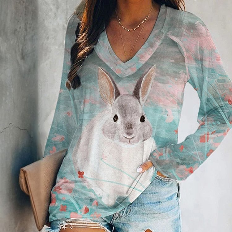 VChics Easter Bunny Print V Neck Long Sleeve T-shirt