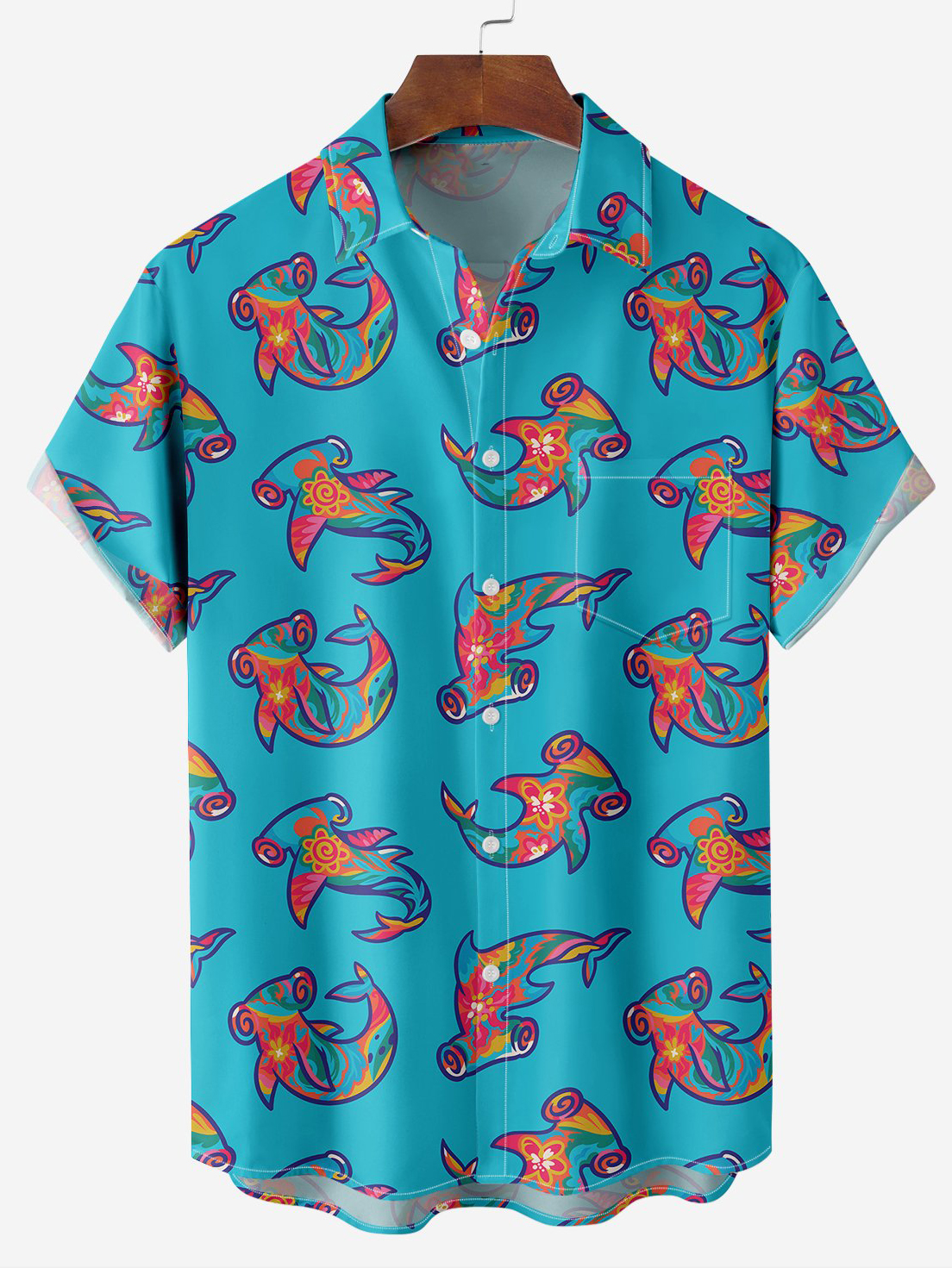 Moisture-wicking shark print chest pocket Hawaiian print shirt PLUSCLOTHESMAN