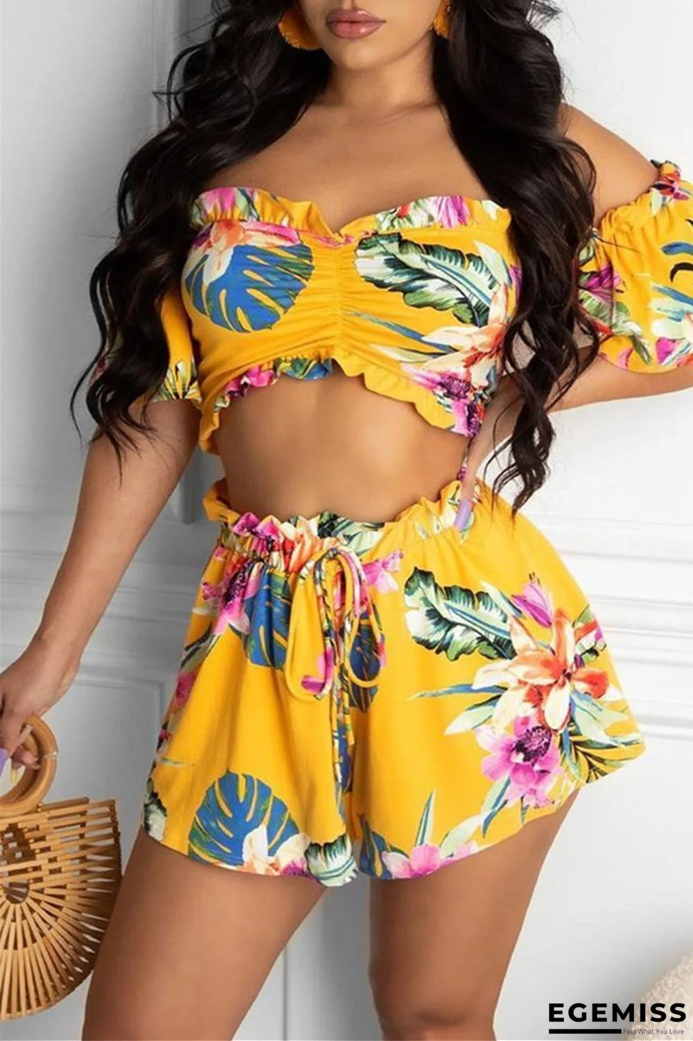 Yellow Fashion Casual Print Backless Off the Shoulder Short Sleeve Two Pieces | EGEMISS