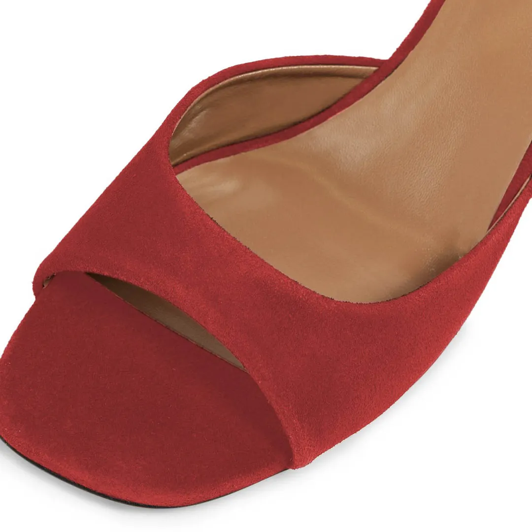 YDN Women's Red Vegan Suede Open Square Toe Slip-On Mule Heels