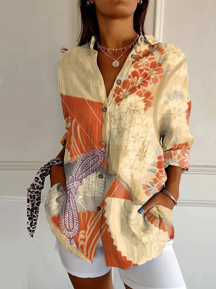 Japanese Art Floral Print Casual Long-sleeved Shirt