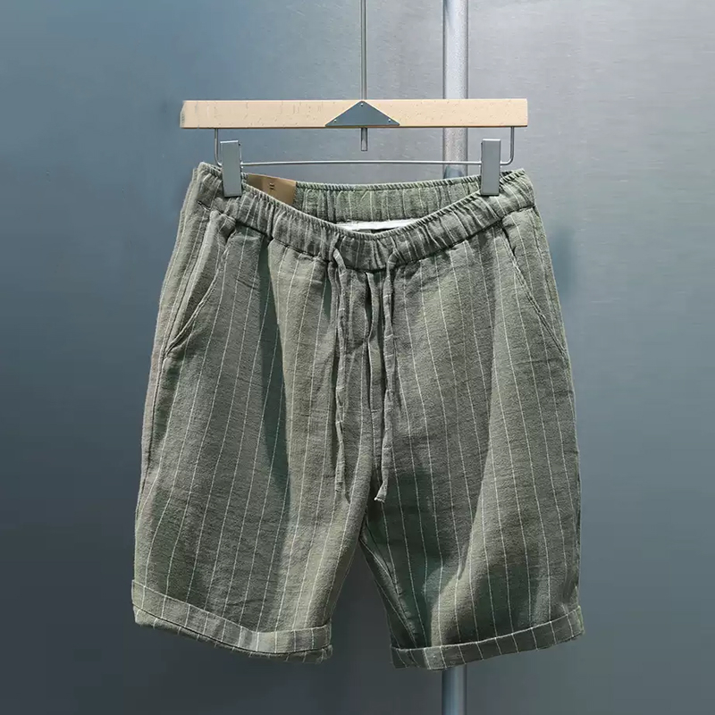 Men's Pinstripe Cotton And Linen Elastic Waist Shorts