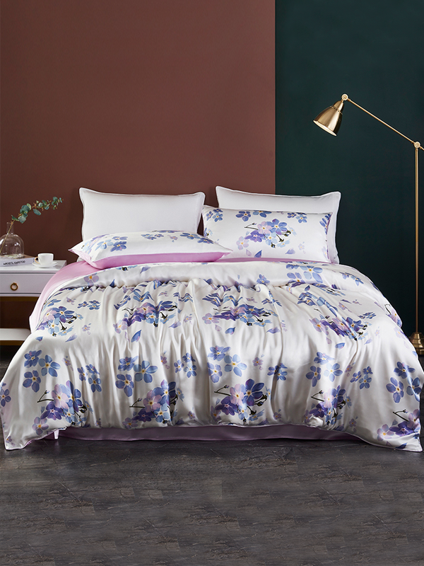 19 MOMME Parure de lit en soie imprimé floral violet (Ensemble 4 pièces) 1