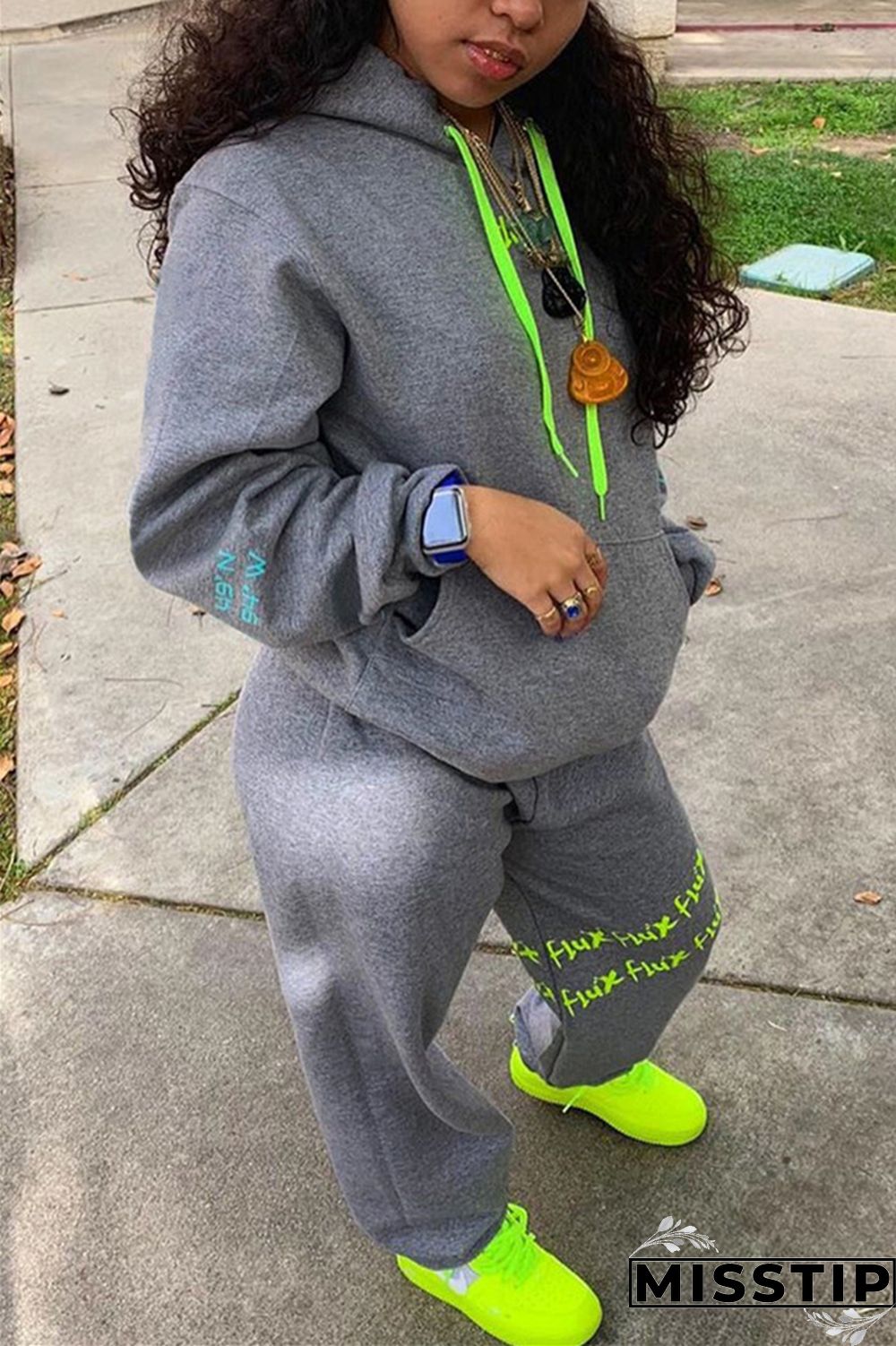 Grey Sportswear Solid Patchwork Hooded Collar Long Sleeve Regular Sleeve Regular Two Pieces