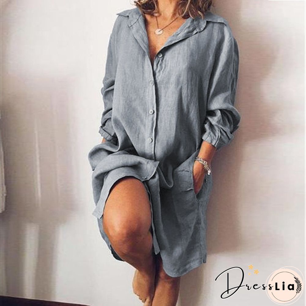 Women Turn-down Collar Long Sleeve Tunic Tops Long Blouse Button Down Mini Shirt Dress