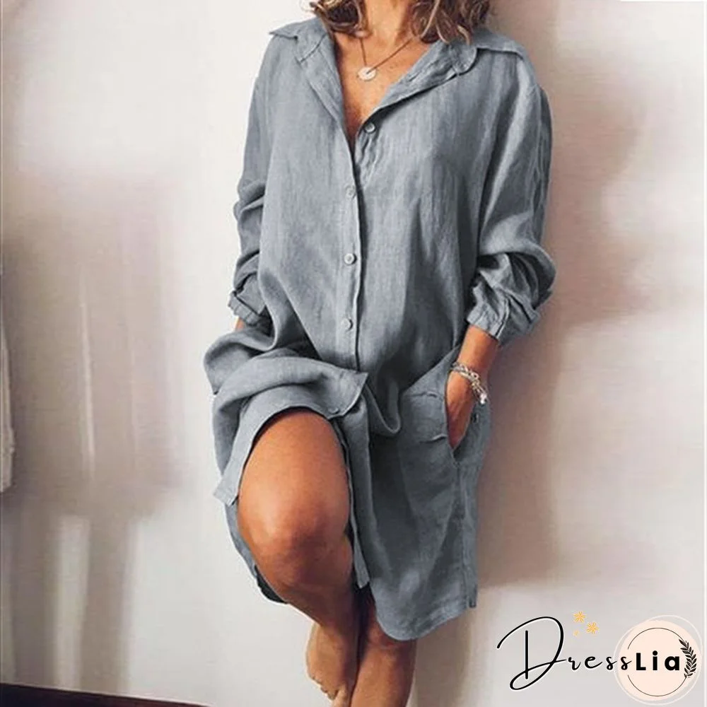 Women Turn-down Collar Long Sleeve Tunic Tops Long Blouse Button Down Mini Shirt Dress