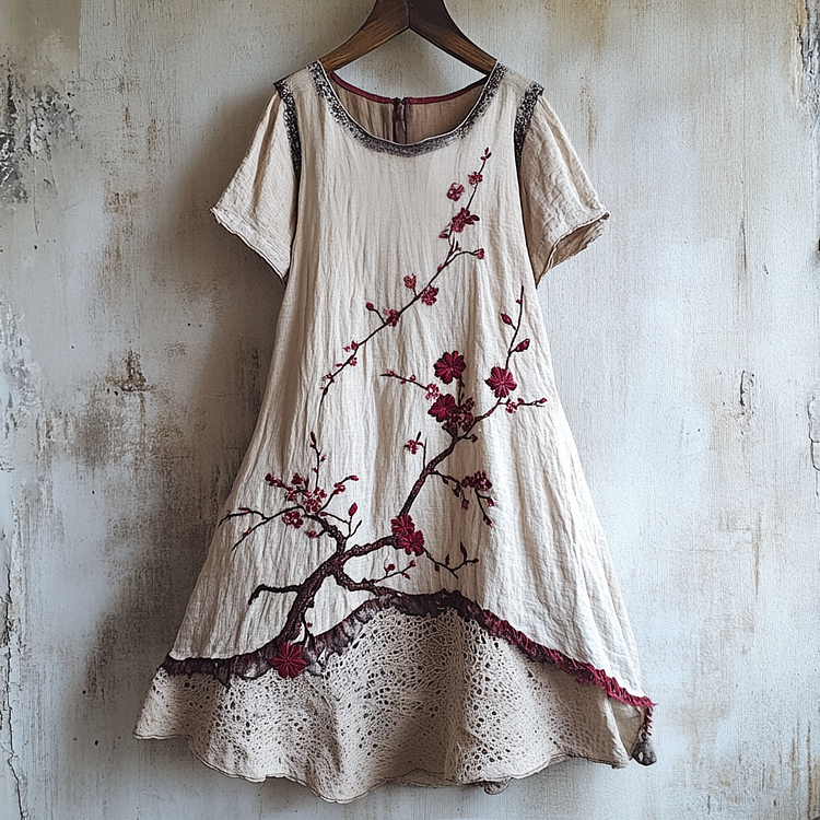 Retro Sakura Art Irregular Comfort Short Sleeve Dress