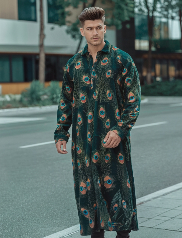 Long-Sleeved Loose-Fitting Plush Printed Kaftan