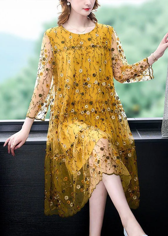 Yellow Tulle Party Dress Embroideried Hollow Out Bracelet Sleeve