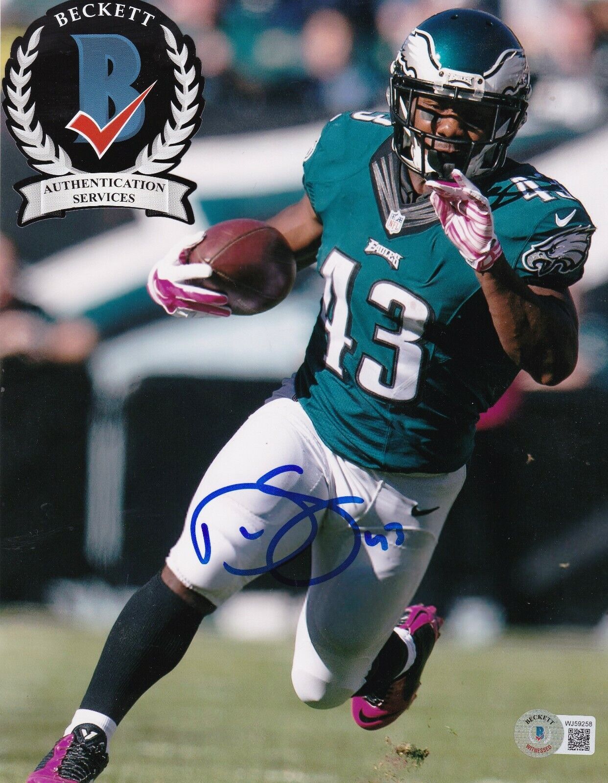 DARREN SPROLES PHILADELPHIA EAGLES BECKETT AUTHENTICATED ACTION SIGNED 8x10