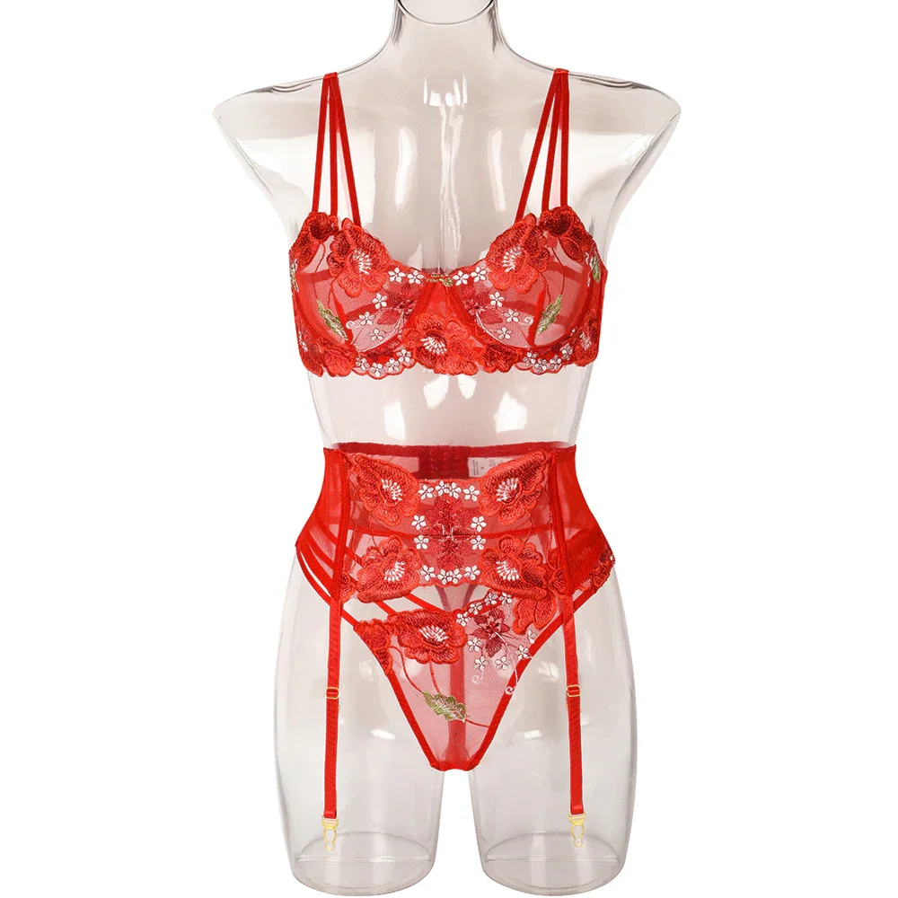 Billionm 3 Piece Set Red Embroidery Fashion Girl with Steel Ring Set Push Up Lingerie Underwear Women Set Sexy Longerie Set