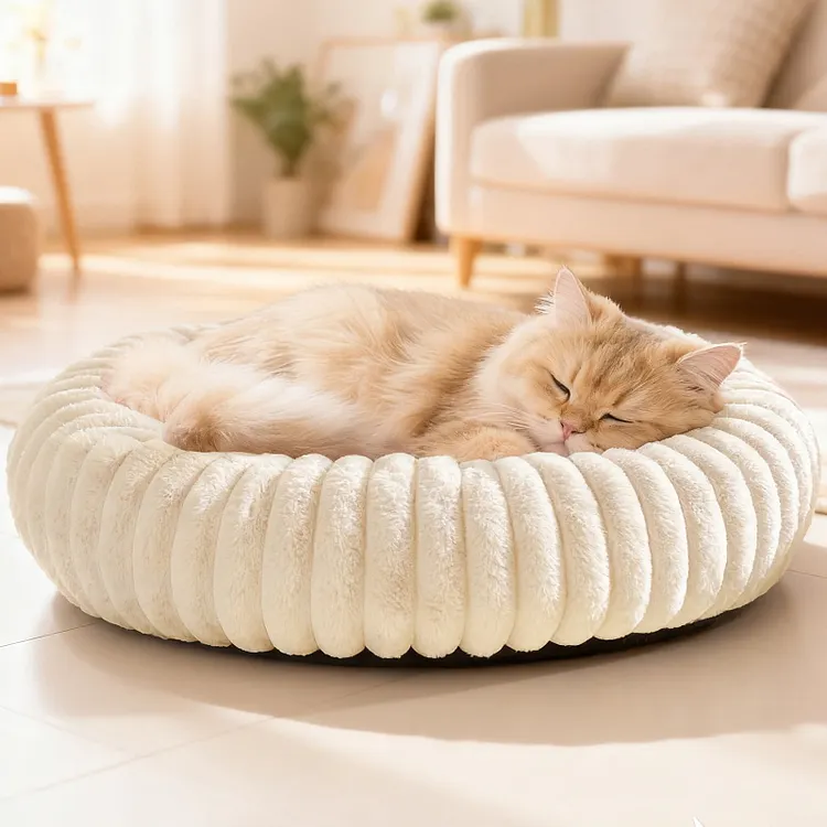 Sanmadrola Cat beds for Indoor Cats, Donut Dog Beds for Small Dogs, Faux Fur Corduroy Fleece Round Calming Pet Beds, Washable Non-Slip Puppy Kitten Bed
