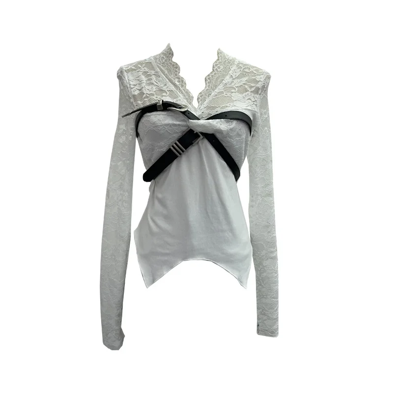 Nigikala Nigikala Shooting Babes V-Neck Lace Lace Splicing Belt Long Sleeve Design Irregular Short Bottom Top 2752