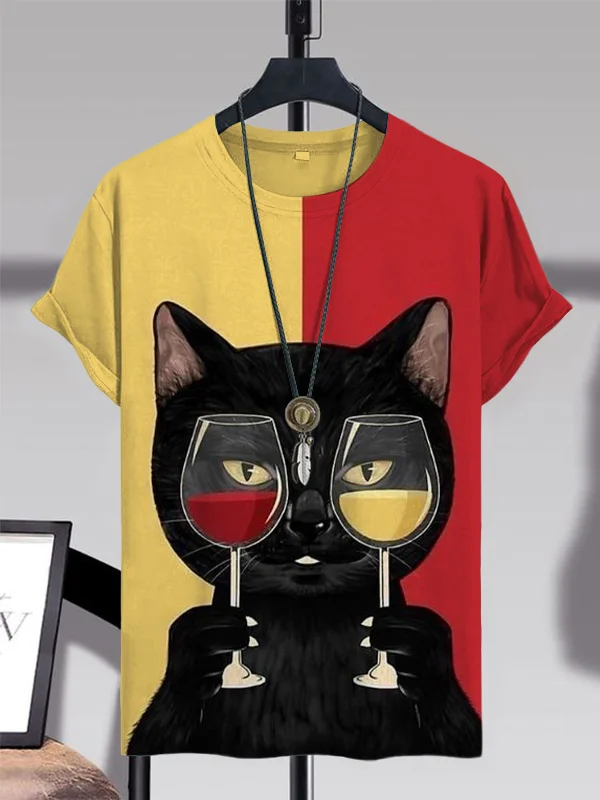 Men's Red Wine Black Cat Color Blocking Print Casual T-Shirt