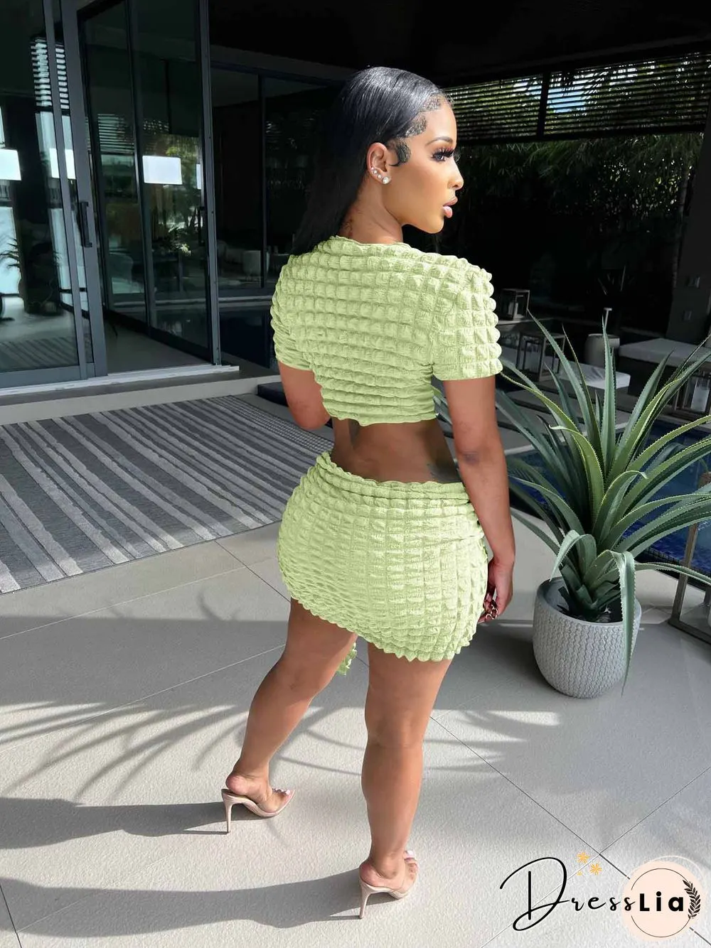 Short Sleeve Crop Tops Lace Up Skirts Two Piece Set