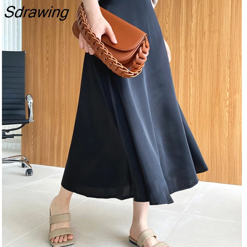 Sdrawing High-waisted Skirt for Women Green A Line Silk Satin Skirt Basic Female Black Elegant Solid Midi Long Skirts 2023 Trends
