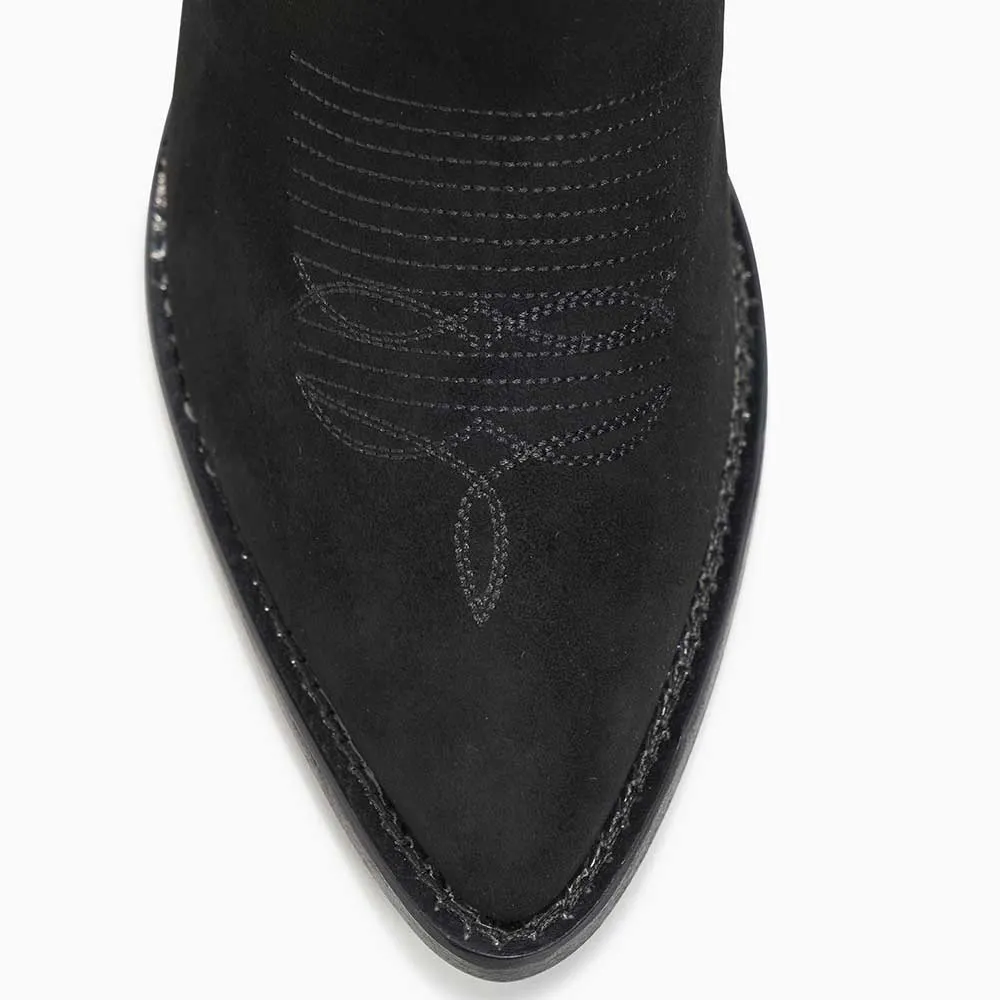 Black Pointed Vegan Suede Chunky Heel Western Boots for Women