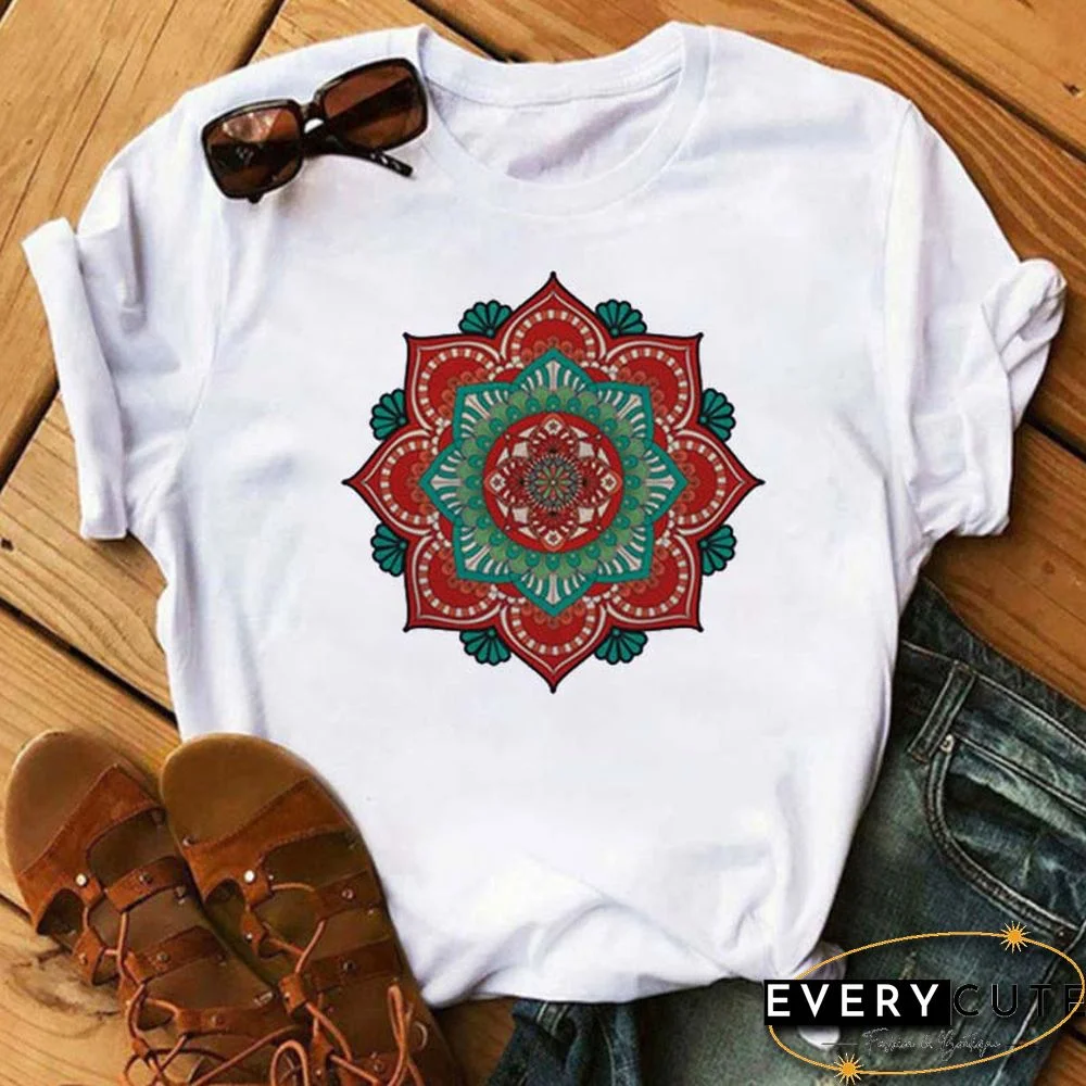 Maycaur New Mandala Floral Printed T Shirt Women Casual Fashion T-shirt Loose Short Sleeve 90s Girls Aesthetics Black Tshirt Top