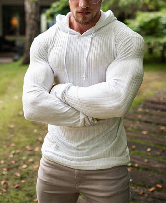 Men Solid Drawstring Rib-Knit Hoodie