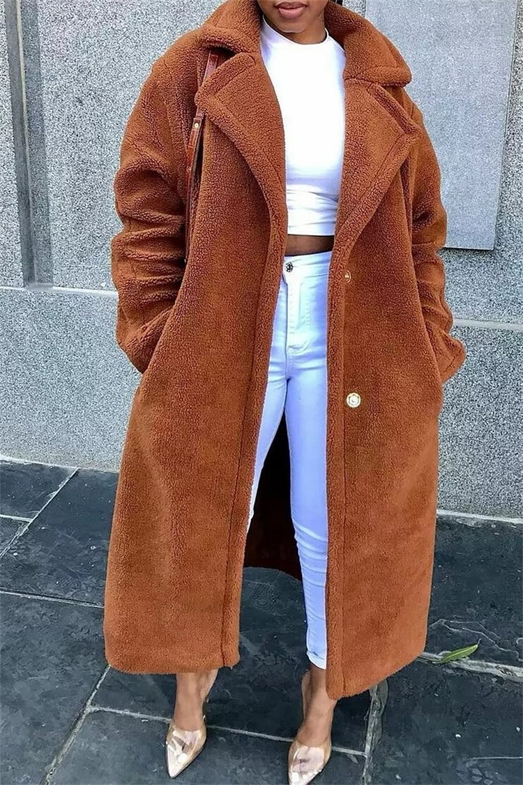 Plus Size Casual Brown Lapel Long Sleeve With Button Pocket  Ankle Length Outwear Fleece Winter Coat