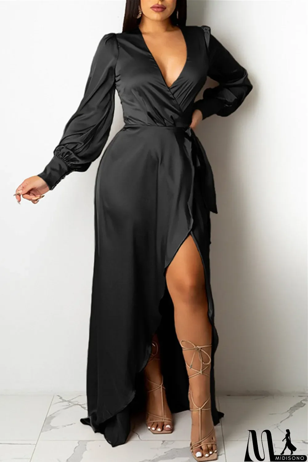 MidiSono - Black Sexy Casual Solid Bandage V Neck Long Sleeve Dresses