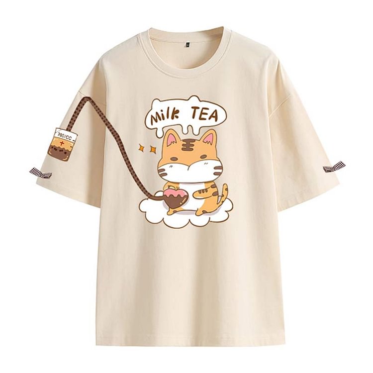 Cartoon Cat Print T-Shirt Casual Overalls Shorts Set - Modakawa Modakawa