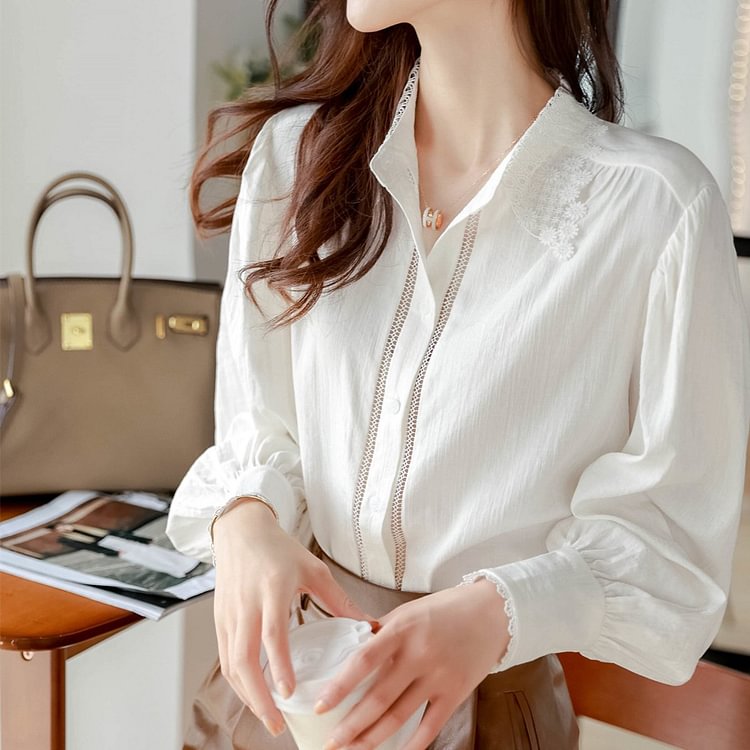 White Shift Paneled Long Sleeve Shirts & Tops