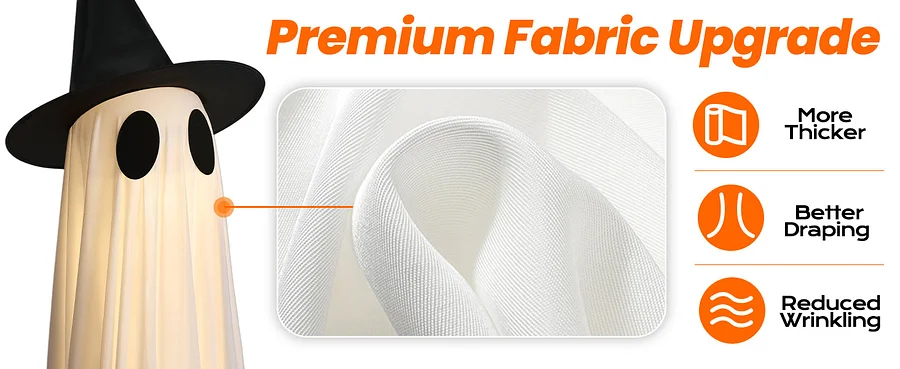 Elevate your entry with upgraded fabric ghost door decorations—enhanced draping and reduce wrinkles!