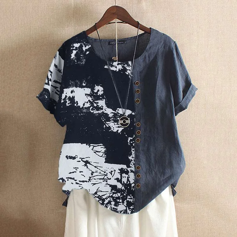 2022 Women's Printed Blouse ZANZEA Vintage Patchwork Tops Casual Summer Short Sleeve Shirts Female O Neck Blusas Top