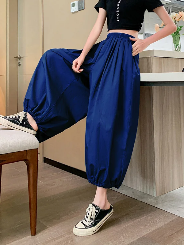 High Waisted Loose Drawstring Elasticity Pleated Solid Color Split-Joint Knickerbockers Ninth Pants Pants Trousers