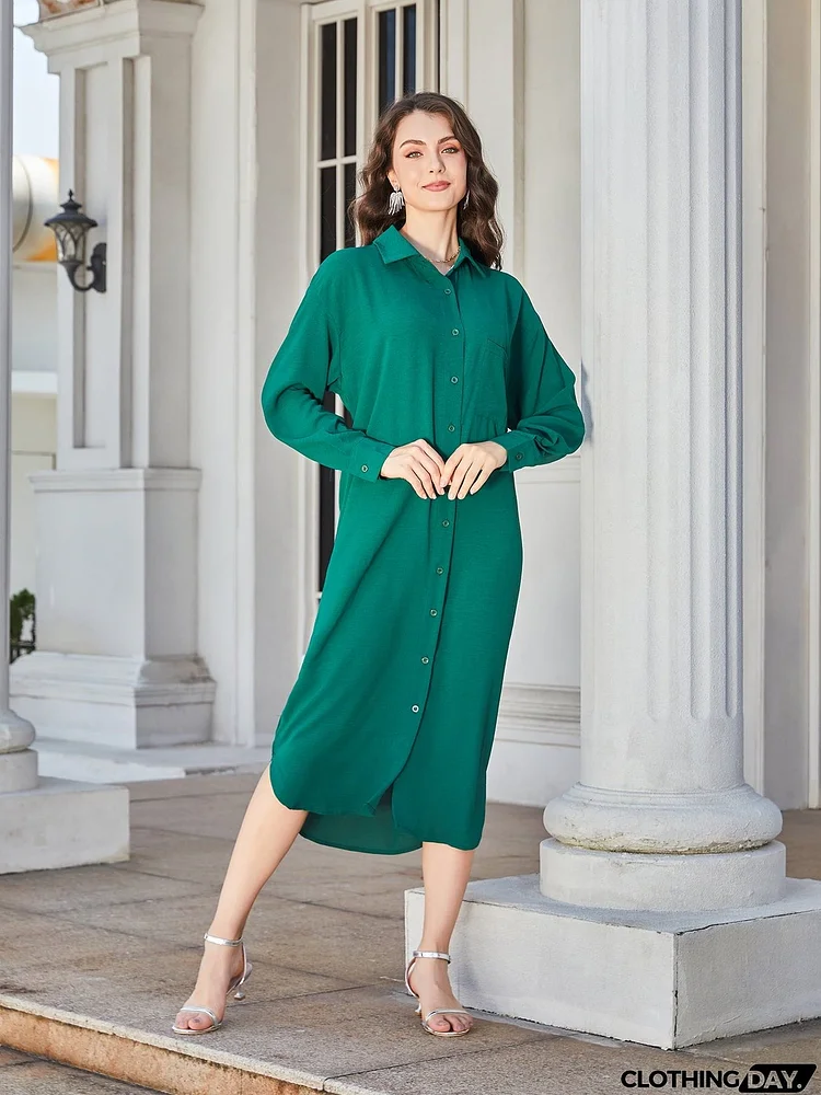 Collared Neck Long Sleeve Midi Shirt Dress