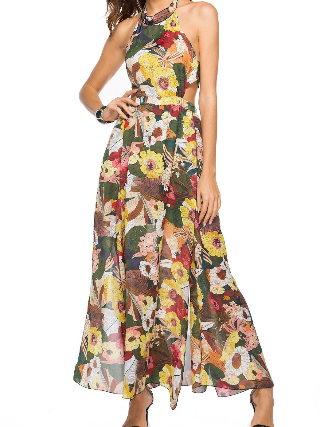 Floral Print Sleeveless Chiffon Beach Maxi Dress