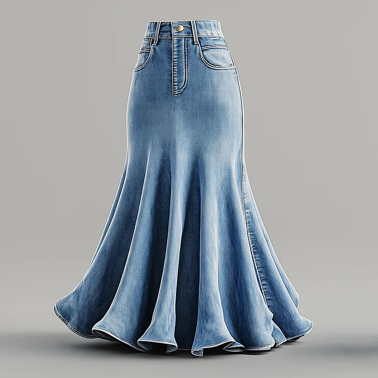 Ursime High Rise Denim Mermaid Maxi Skirt