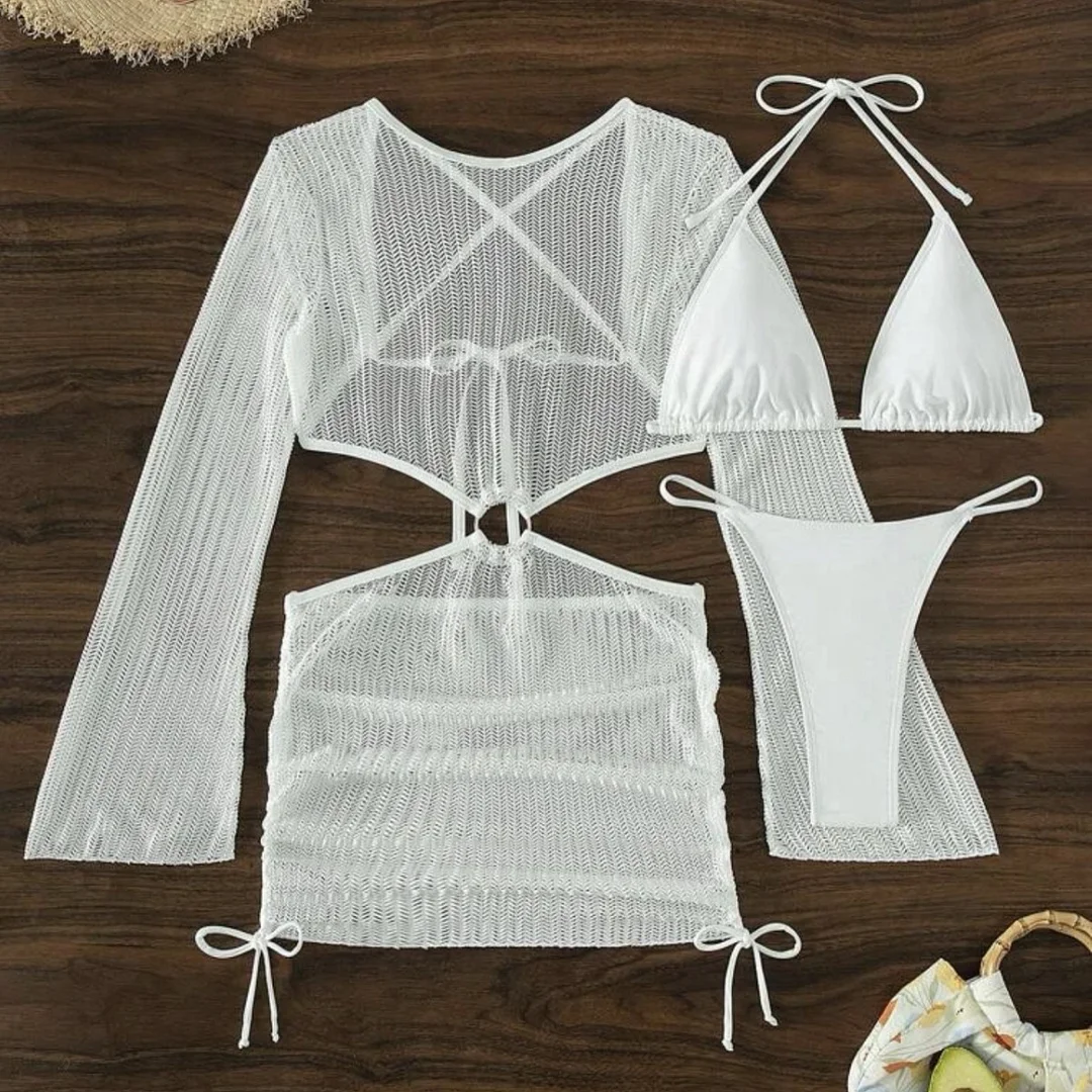 Uveng 2024 New Special Net Snipeg Empty Drawstring Strap Swimsuit Bikini Three-Piece Set