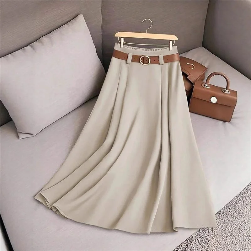 Athvotar Athvotar Women's Spring And Autumn Solid Color Casual Bvy Skirt With Belt