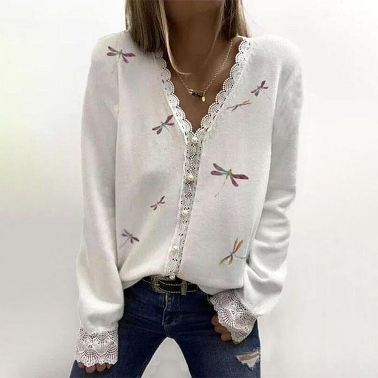 Attractive Dragonfly Print V-Neck Lace Trim Long Sleeve Top