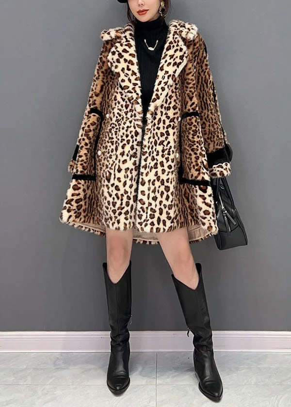 Fashion Light Coffee Notched Leopard Fuzzy Fur Fluffy Loose Coat Winter