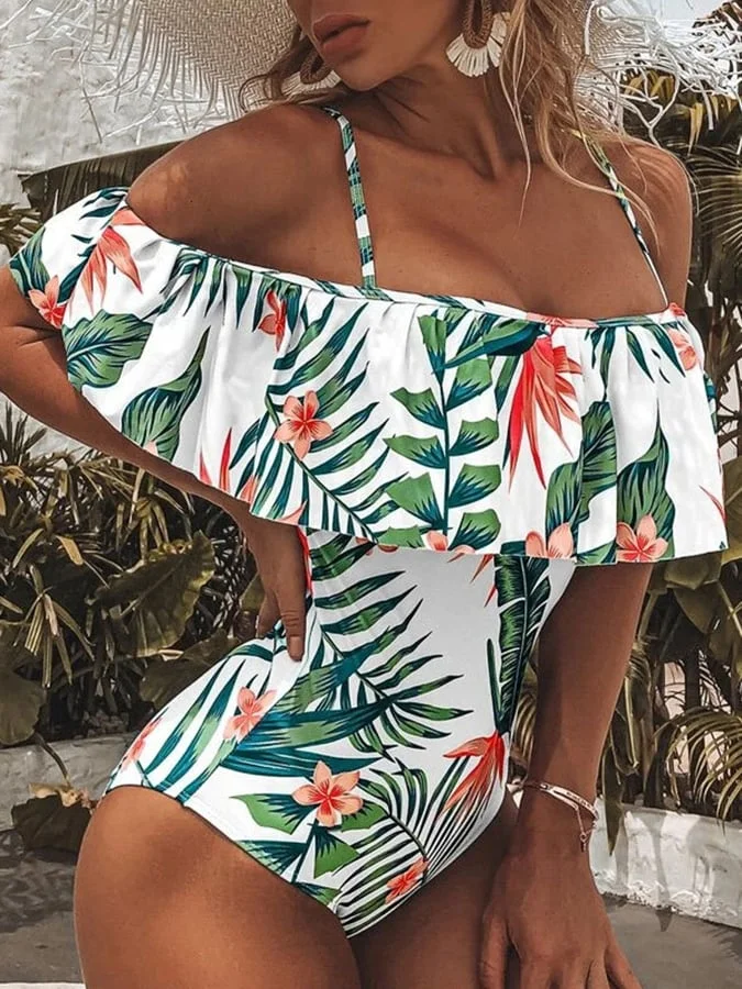 Tropical flower print ruffle one-piece swimsuit