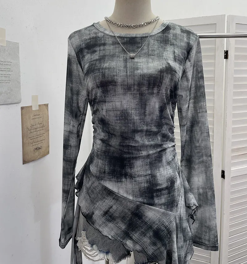 Nigikala Nigikala Print Double-Layer Mesh Long-Sleeved Top Design Feel Irregular Ribbon-Up T-Shirt 99981