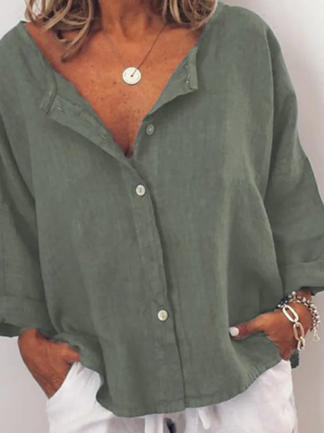 Women's Cotton Linen Contrast Button Collarless Shirt