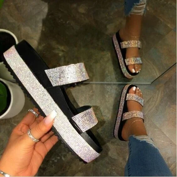Summer Beach Bling Bling Crystal Rome Ladies Sandals Rhinestone Platform Mixed Color Cutouts Wedges Women Sandals Shoes Woman