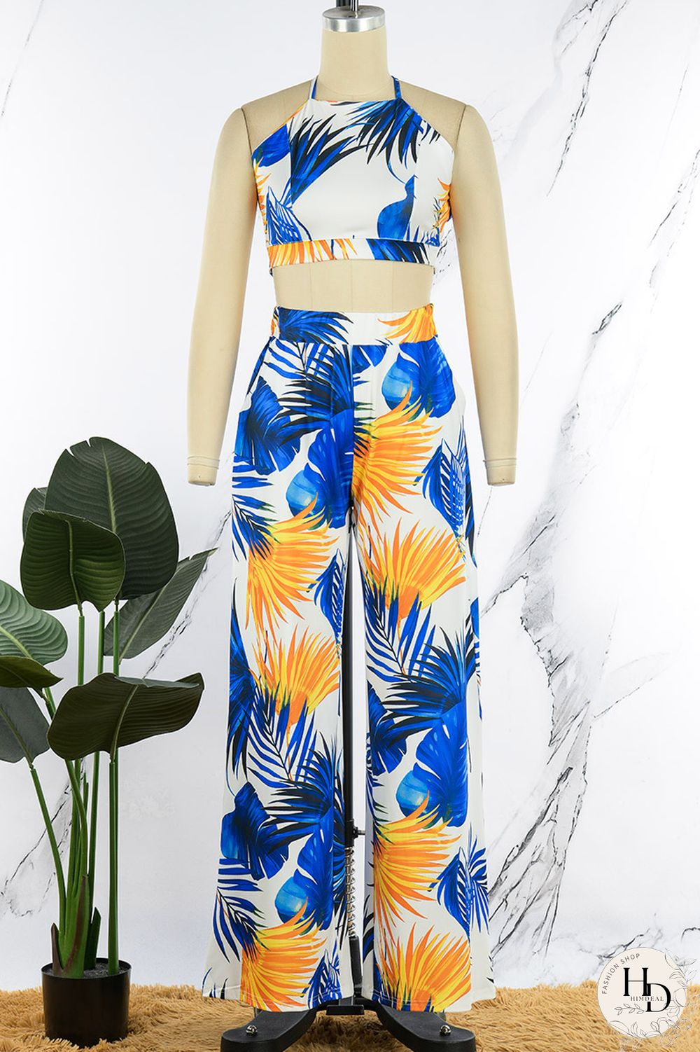 Blue Sexy Casual Print Frenulum Backless Spaghetti Strap Sleeveless Two Pieces