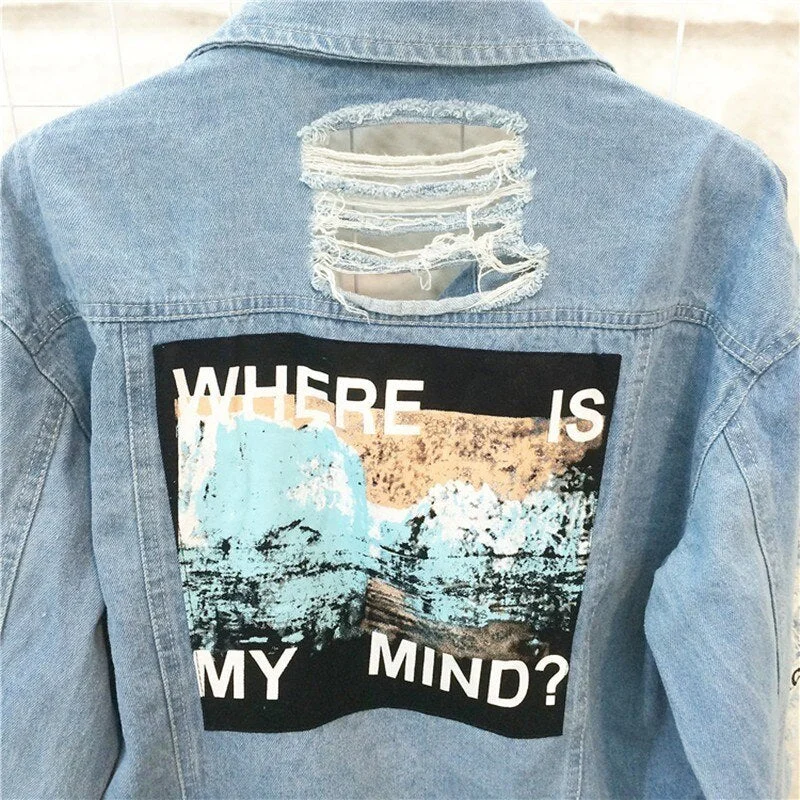 Plus Size Where Is My Mind Korea Kpop Frayed Letter Patch Bomber Jeans Jacket Women Ripped Denim Coat Female Streetwear Harajuku