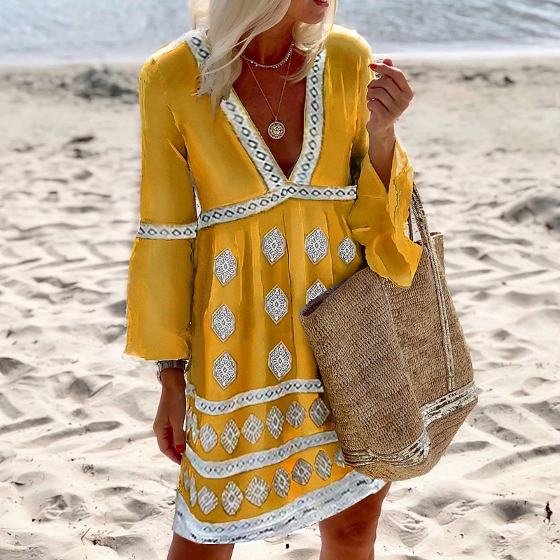 Boho V-neck Print Mini Dress wearshes