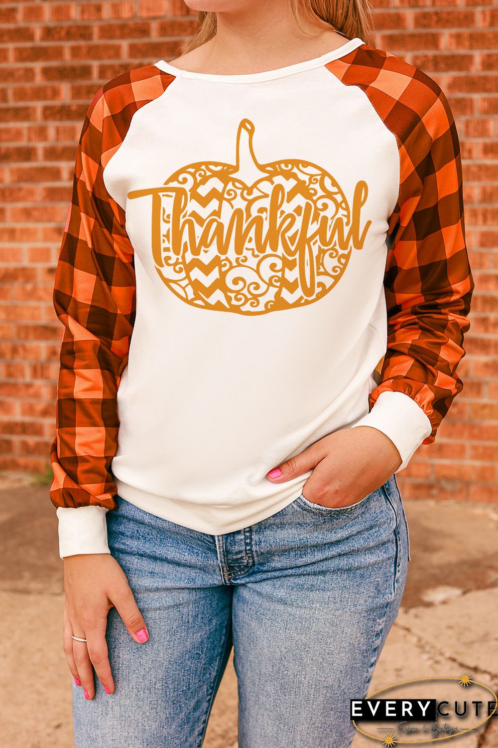Orange Thankful Pumpkin Graphic Plaid Long Sleeve Top