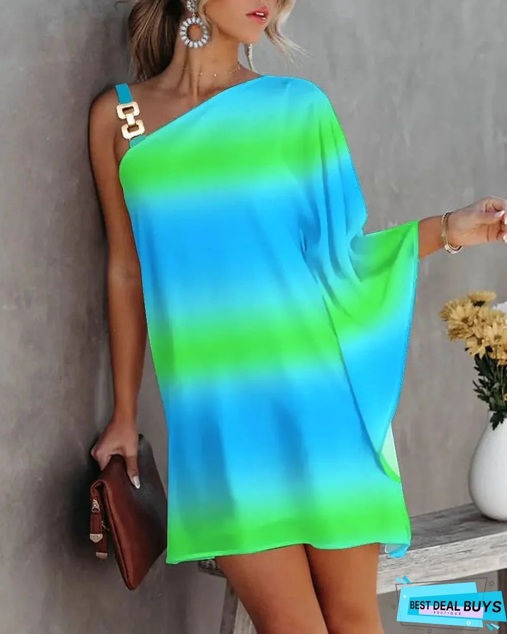 Bat Sleeve Off Shoulder Metal Suspender Dress For Women