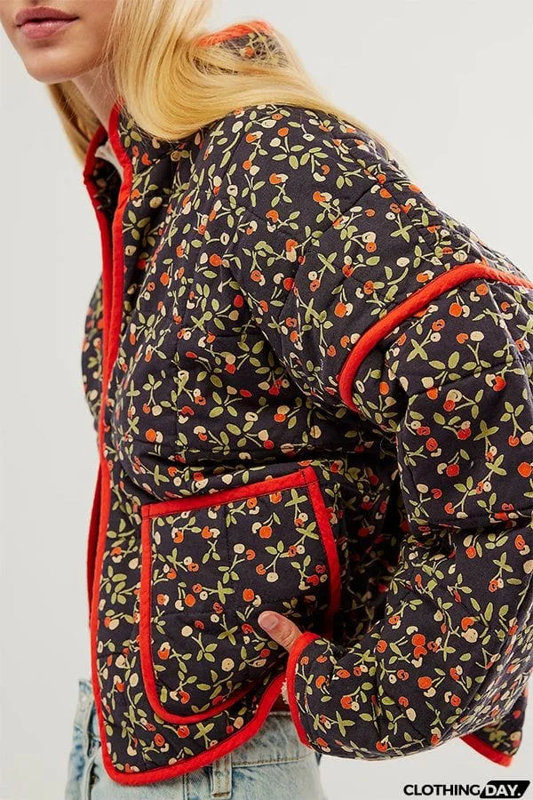 Floral Print Pocket Contrast Concealed Button Cotton Coat