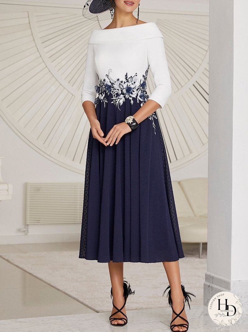 A Line Chiffon Lace Seven-Quarter Sleeve Mother's Midi Dress