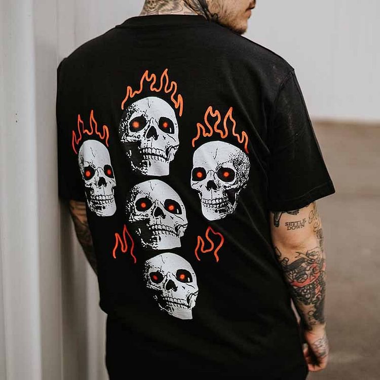 BrosWear Round Neck Flame Skull Short Sleeve T-Shirt
